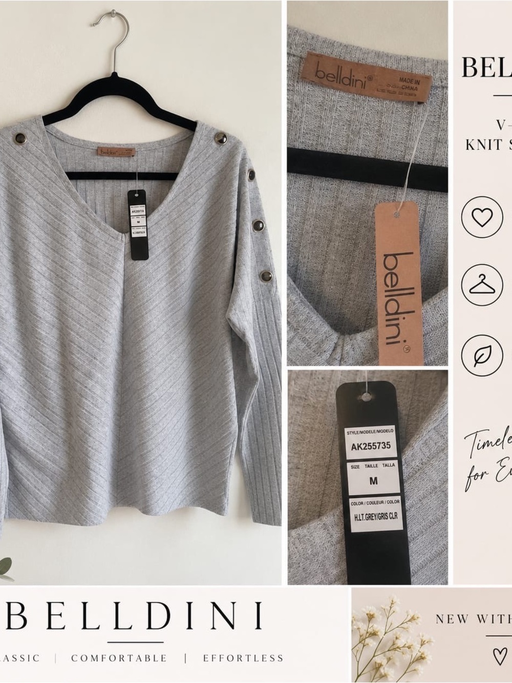 Belldini Light Gray V-Neck Ribbed Button-Shoulder Sweater
